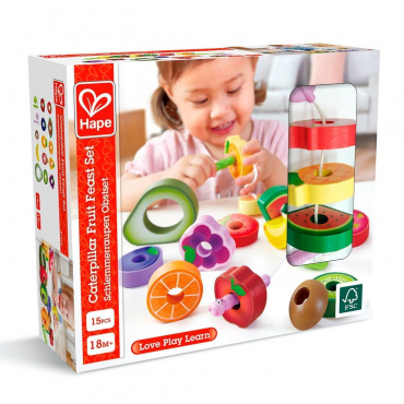 E1072_HP Игрушка для детей деревянная шнуровка  "Веселые гусеницы" (14 предметов - шнурки и фрукты)